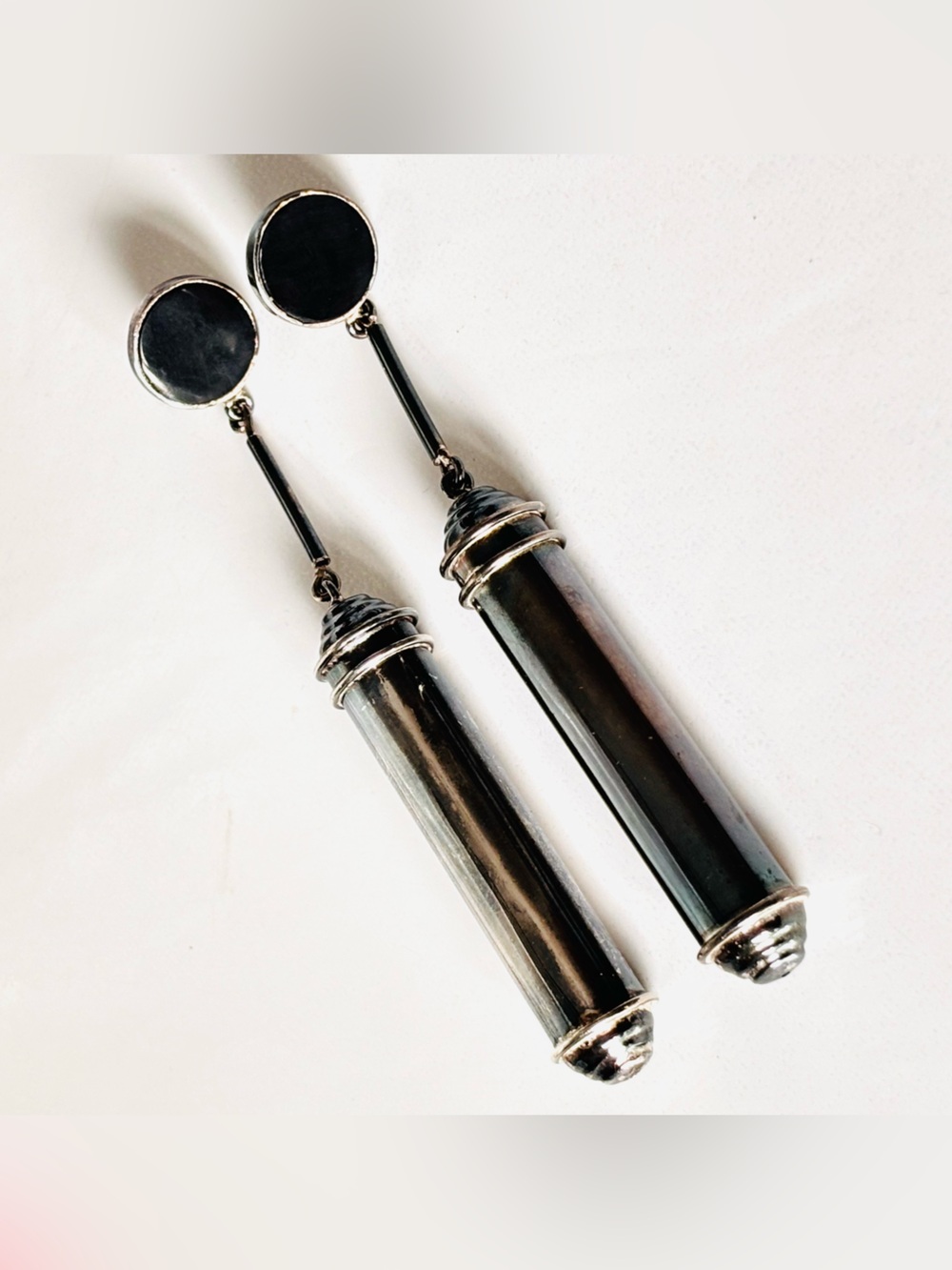Handcrafted with marker stamp oxidized silver 925  long cylinder drop earrings